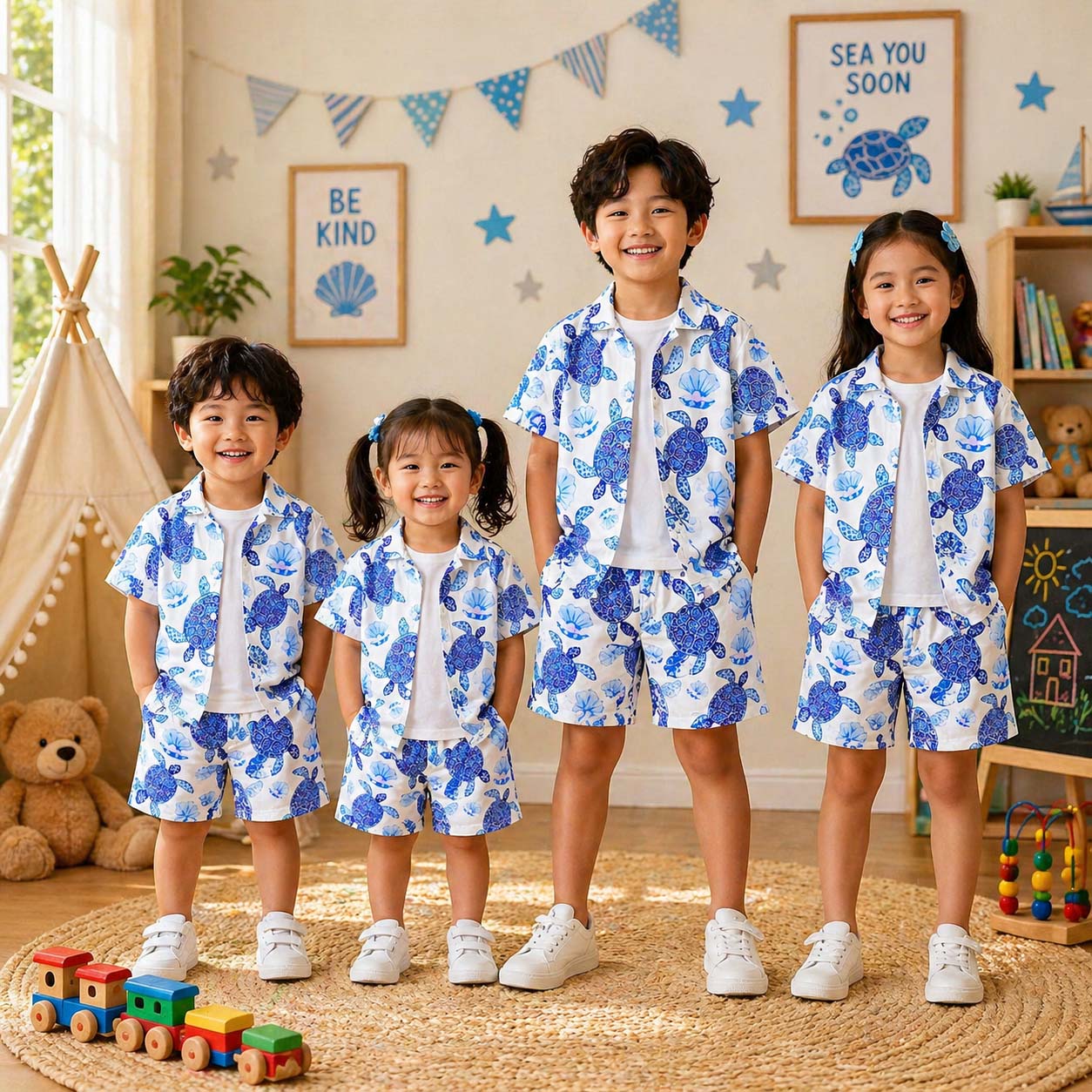 Blue Turtle Style All-Over 3D Printed 2-Pcs Summer Suit For Kids. D-10 Secondary image