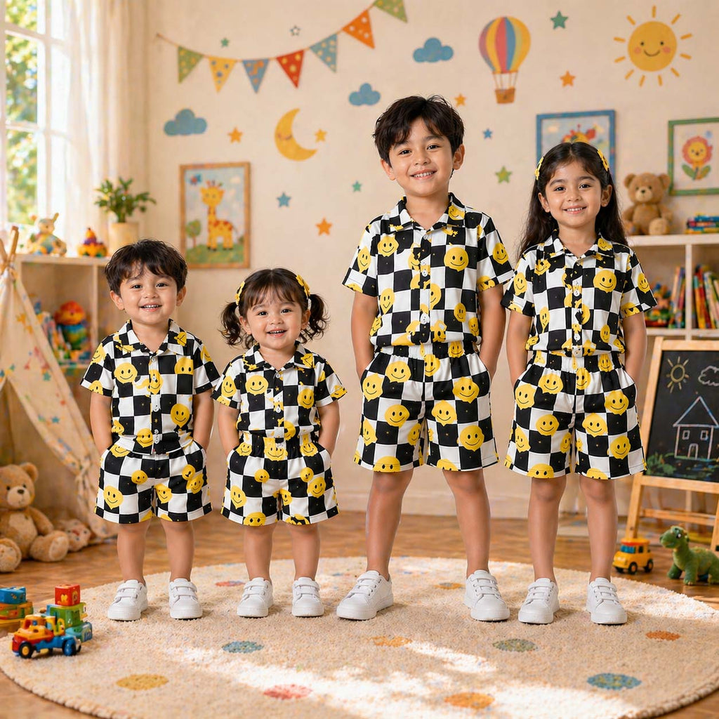 Smiley B-W Box Style All-Over 3D Printed 2-Pcs Summer Suit For Kids. D-2