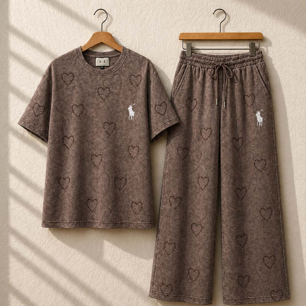 Heart Textured Horse Logo Printed Style Western 2-Pcs Summer Tracksuit For Her. WSTS-08 V2