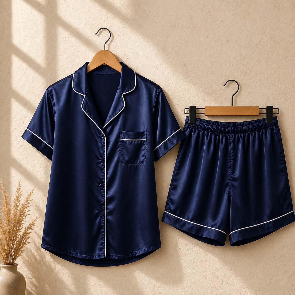 Imported Regular Style 2-Pcs Silk Nightsuit. (H-Sleeve+Short) Main image