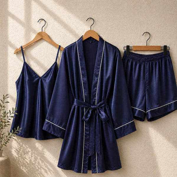 Imported Gown Style 3-Pcs Silk Nightsuit. (Gown-Inner-Short)