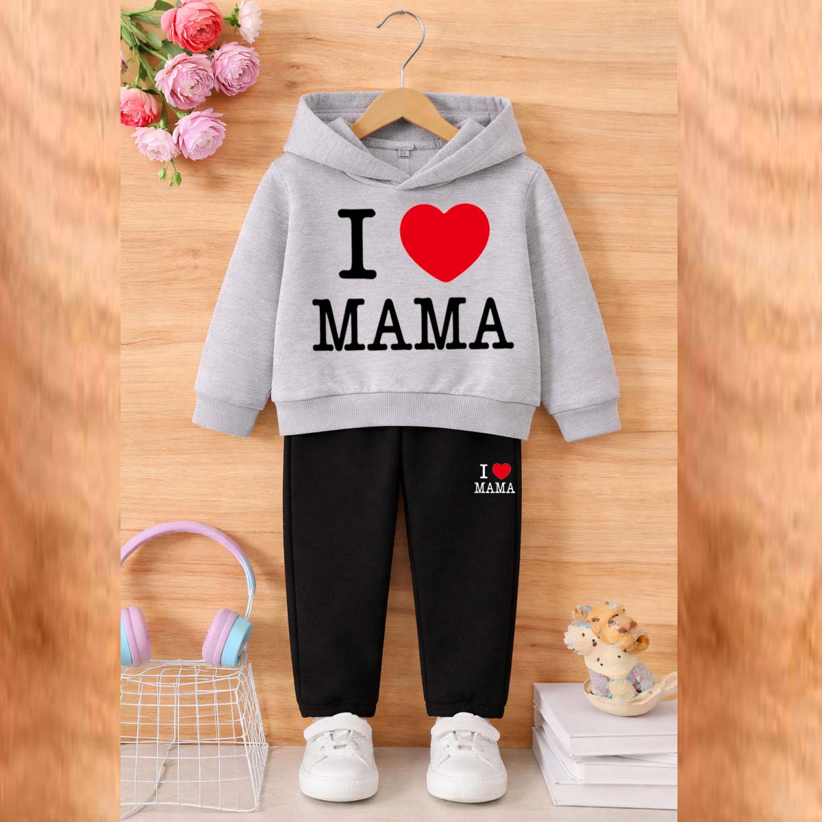 I Love MAMA Kids Hoodie Style 2-Pcs Winter Tracksuit. KWTS-01