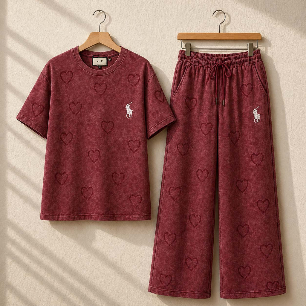 Heart Textured Horse Logo Printed Style Western 2-Pcs Summer Tracksuit For Her. WSTS-08 V2