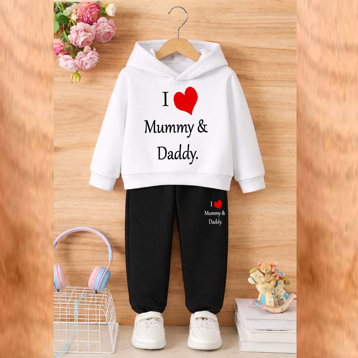 I Love D+M Kids Hoodie Style 2-Pcs Winter Tracksuit. KWTS-01