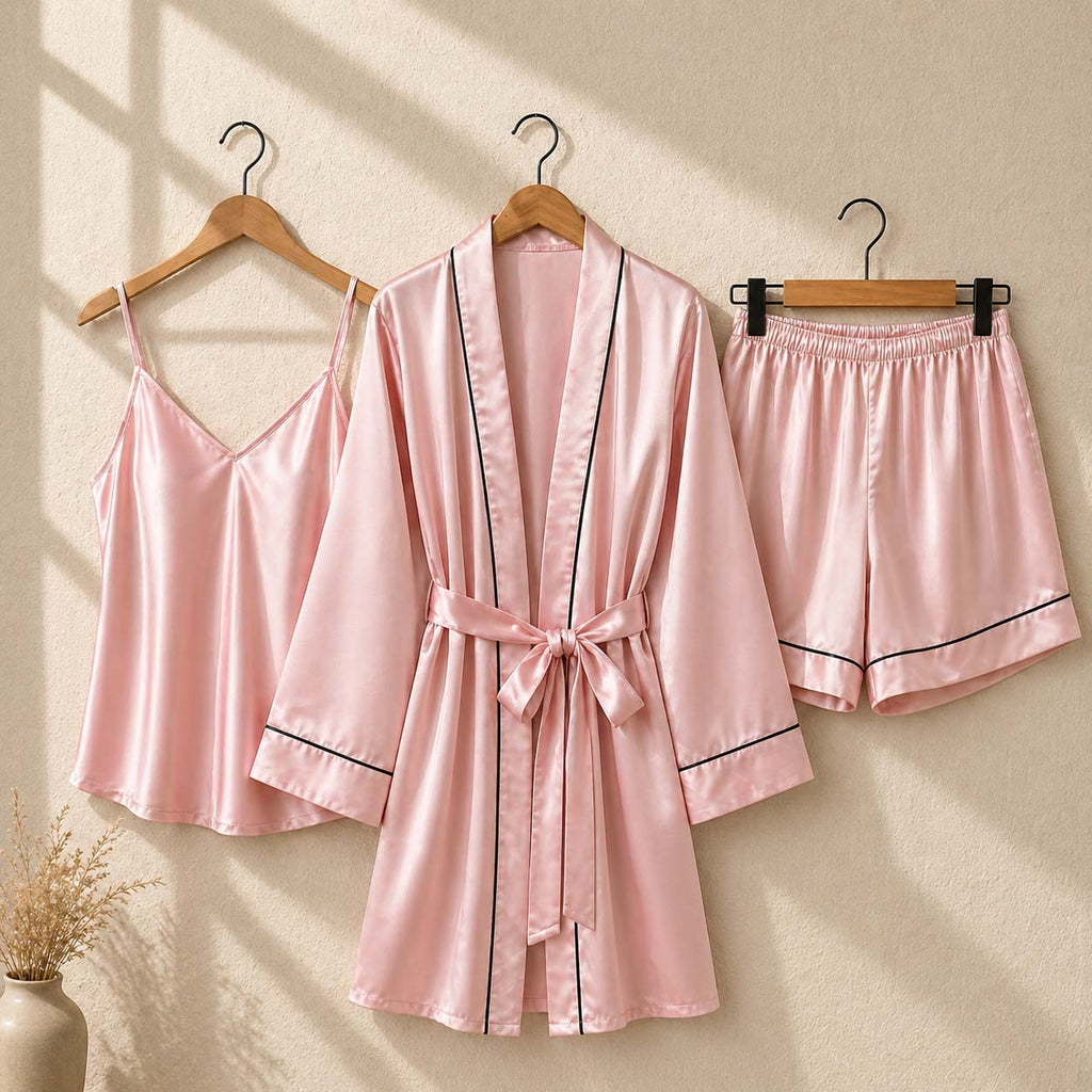 Imported Gown Style 3-Pcs Silk Nightsuit. (Gown-Inner-Short)