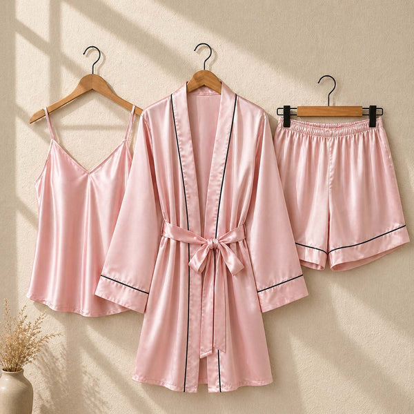 Imported Gown Style 3-Pcs Silk Nightsuit. (Gown-Inner-Short)