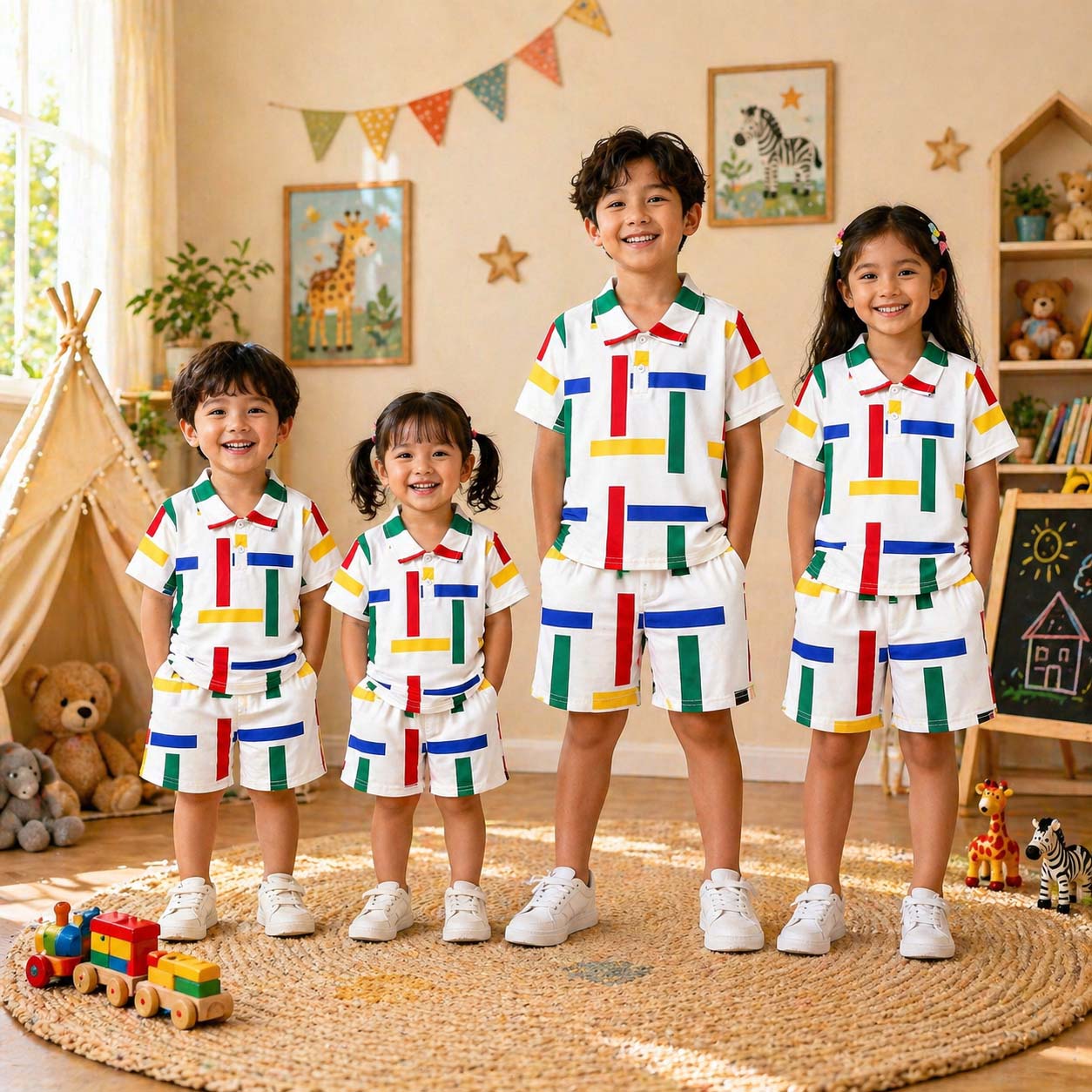 Multi-Lining Polo Style All-Over 3D Printed 2-Pcs Summer Suit For Kids. D-1