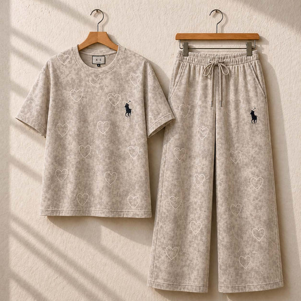 Heart Textured Horse Logo Printed Style Western 2-Pcs Summer Tracksuit For Her. WSTS-08 V2