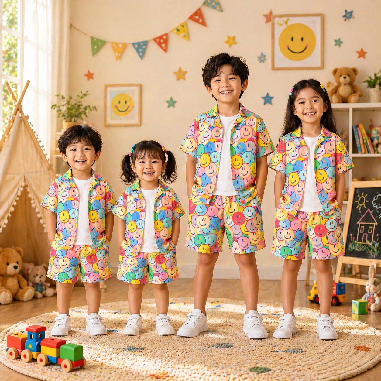 Multi-Colour Smiley Style All-Over 3D Printed 2-Pcs Summer Suit For Kids. D-7 Secondary image