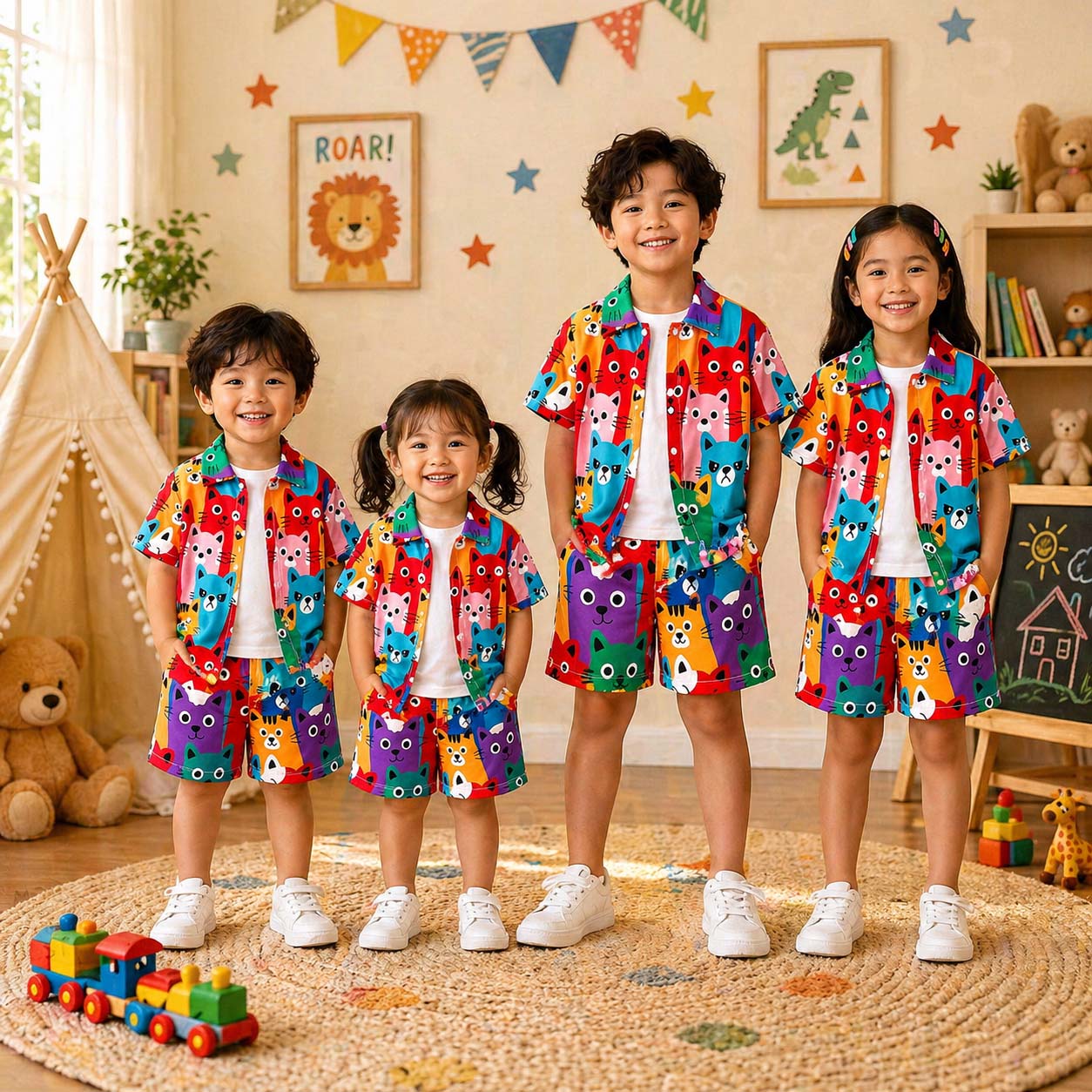MultiColour Kitten Style All-Over 3D Printed 2-Pcs Summer Suit For Kids. D-3 Secondary image