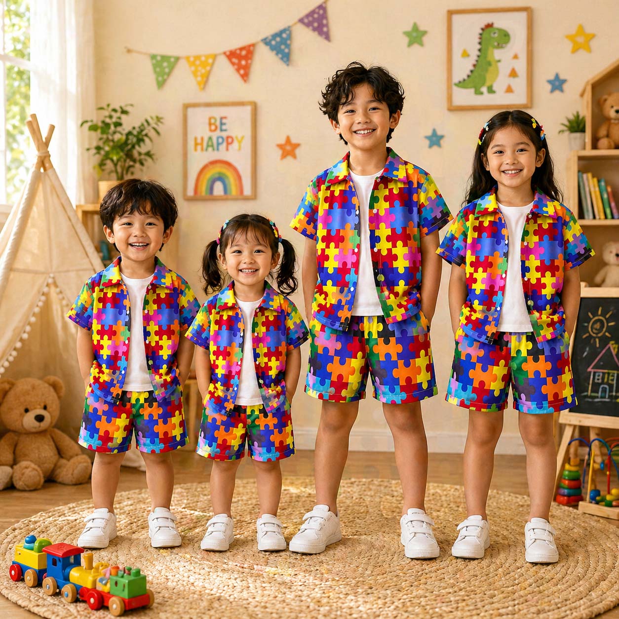 Rainbow Puzzle Style All-Over 3D Printed 2-Pcs Summer Suit For Kids. D-4 Secondary image