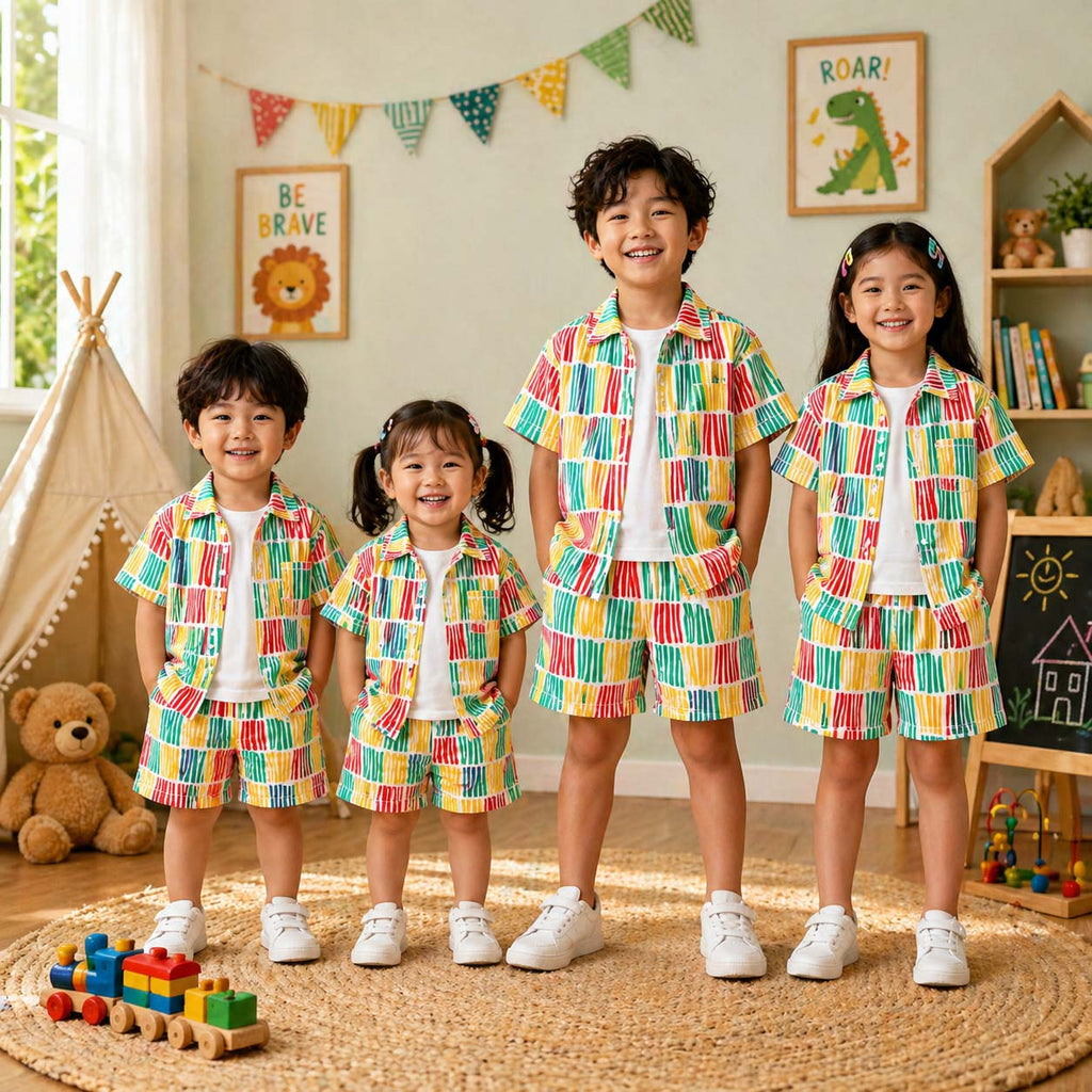 Multi-Colour 6-Lining Style All-Over 3D Printed 2-Pcs Summer Suit For Kids. D-5