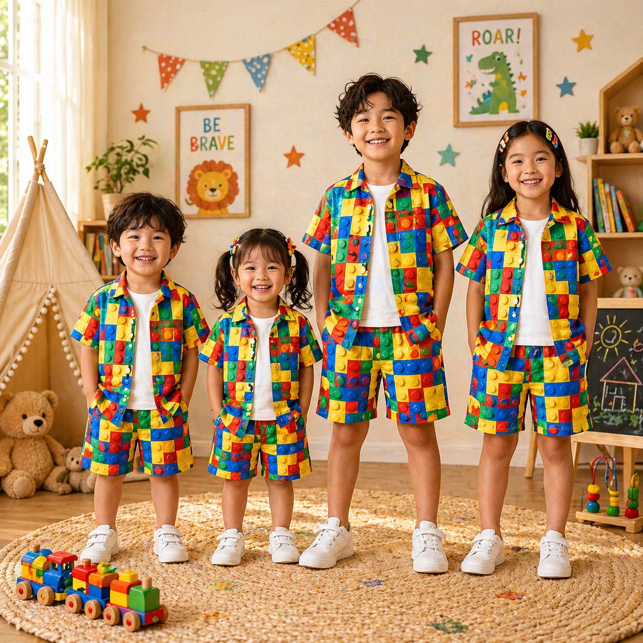 Square Box Puzzle Style All-Over 3D Printed 2-Pcs Summer Suit For Kids. D-8 Secondary image