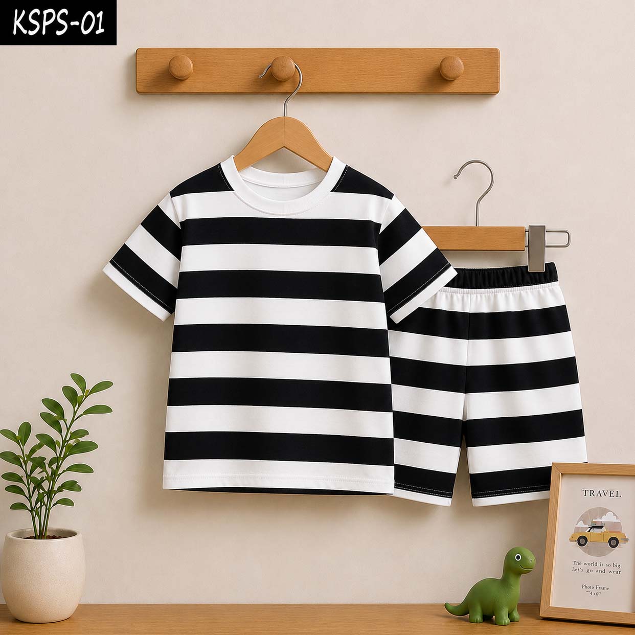 Black Stripe Style Printed 2-Pcs Summer Suit For Baby & Baba. KSPS-01 V2