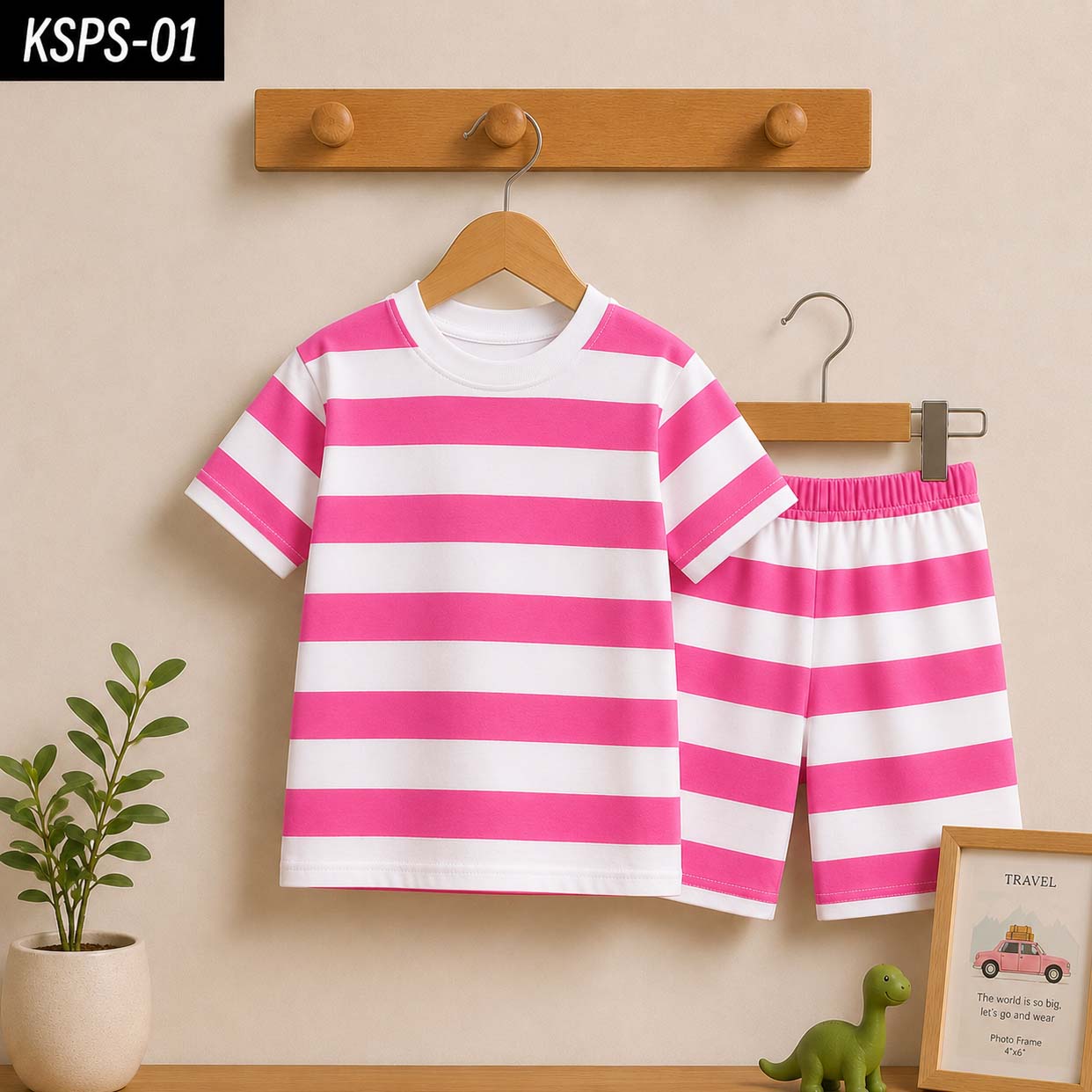 Pink Stripe Style Printed 2-Pcs Summer Suit For Baby & Baba. KSPS-01 V2 Main image