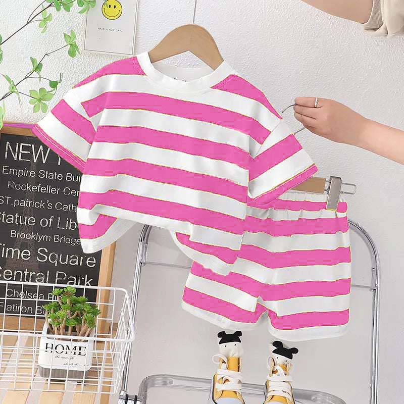 Stripe Style Printed 2-Pcs Summer Suit For Baby & Baba. KSPS-01 Secondary image