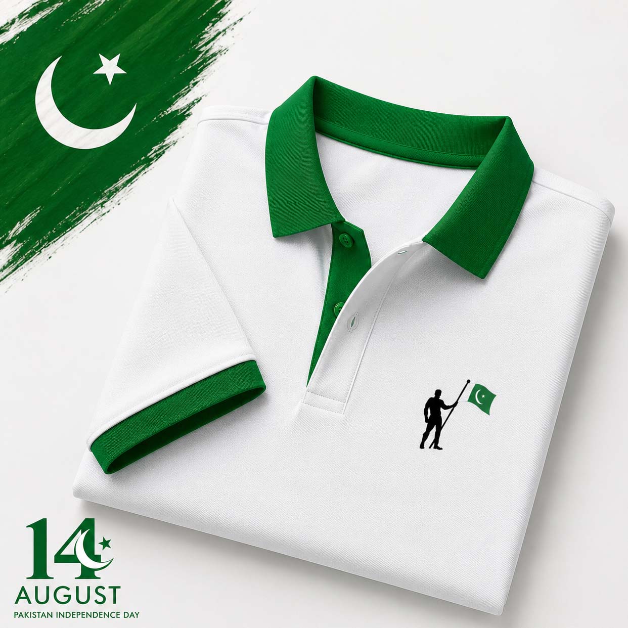 White Contrast Collar Style Hold Flag Logo Printed Azadi Polo Tshirt. V2