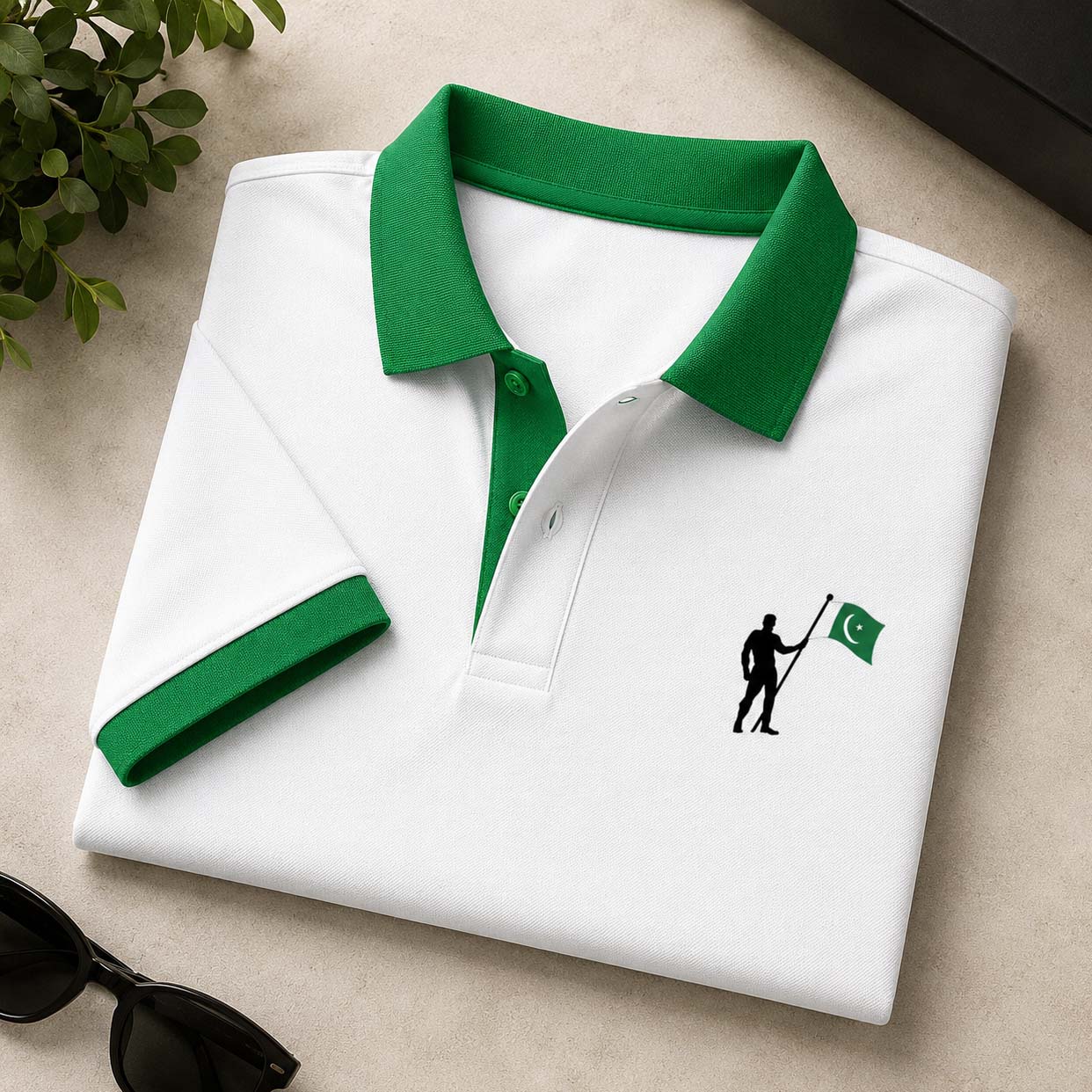 White Contrast Collar Style Hold Flag Logo Printed Azadi Polo Tshirt. V3 Main image