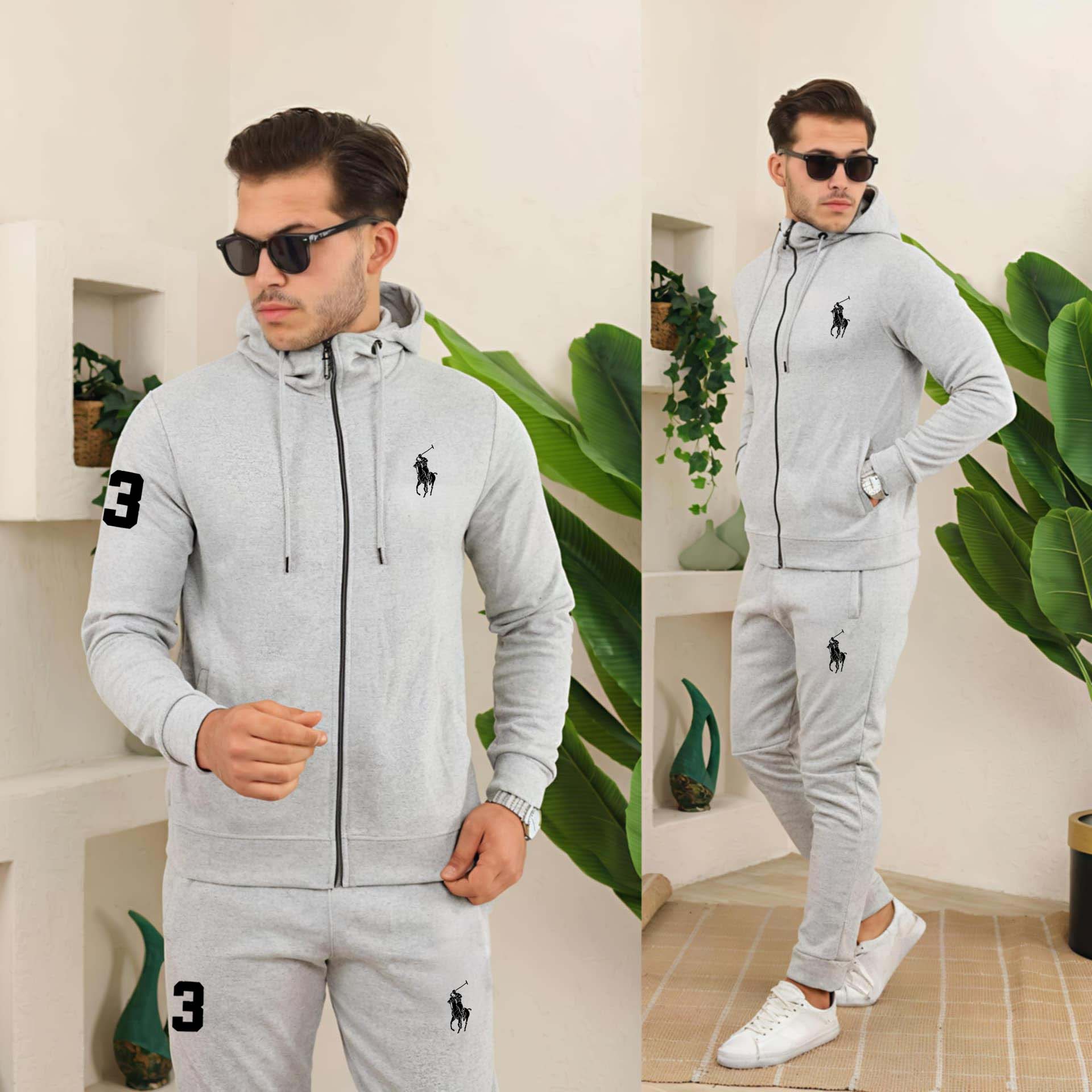 Grey RL Printed Zipper Style 2-Pcs Premium Quality Winter Tracksuit D-12. Main image