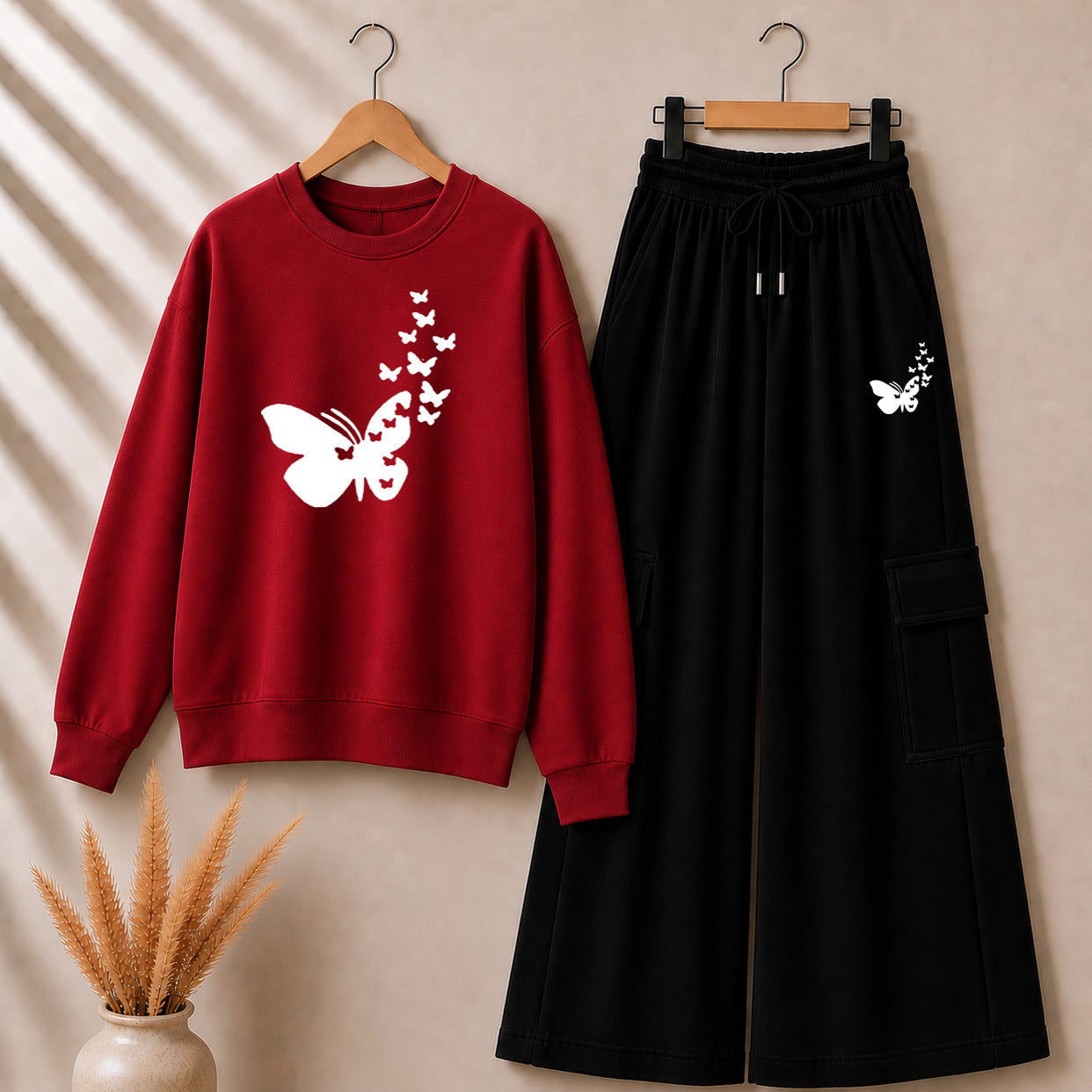 Red Butterfly Printed Sweat Style Tshirt & Cargo Trouser 2-Pcs Summer Tracksuit. D-7 Main image