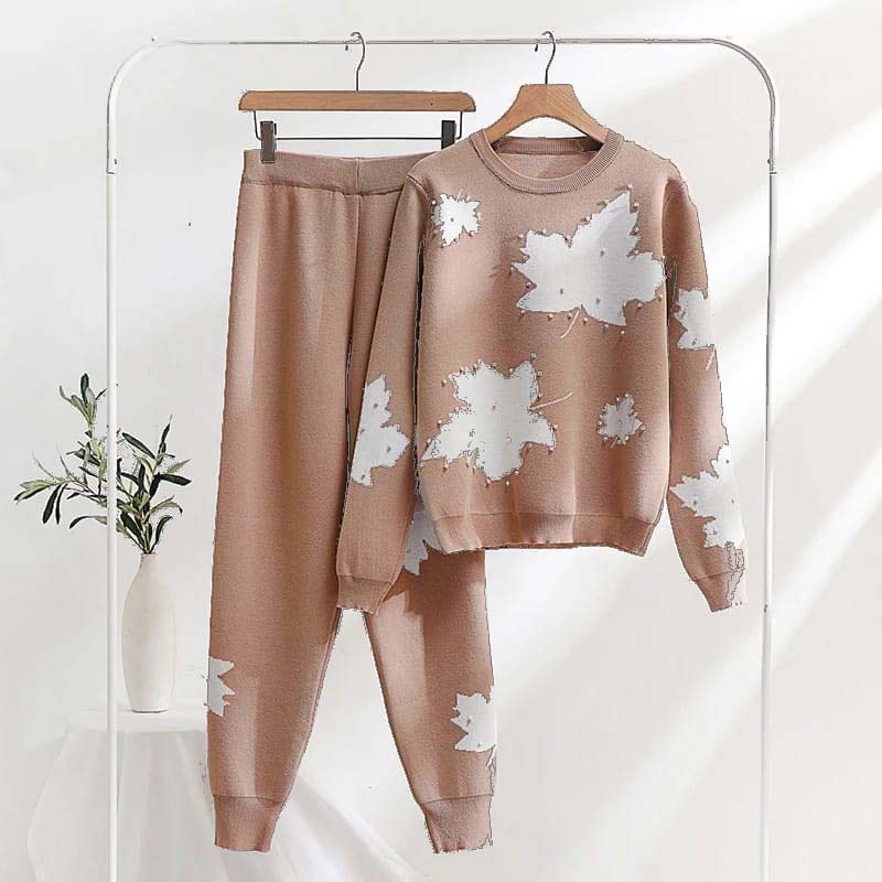 Skin Pearls Work White Leaf Printed Premium Quality Winter 2-Pcs Tracksuit For Her. WWTS-02 Main image