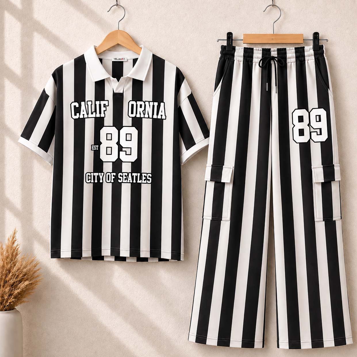 Stripe Printed Cali-89 Collar Cargo Style Western 2-Pcs Summer Tracksuit For Her. WSTS-05 V2 Main image