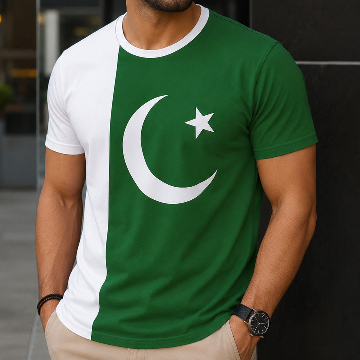 Side Panel Flag Style R-Neck Half Sleeve Azadi Tshirt. D-37 Main image