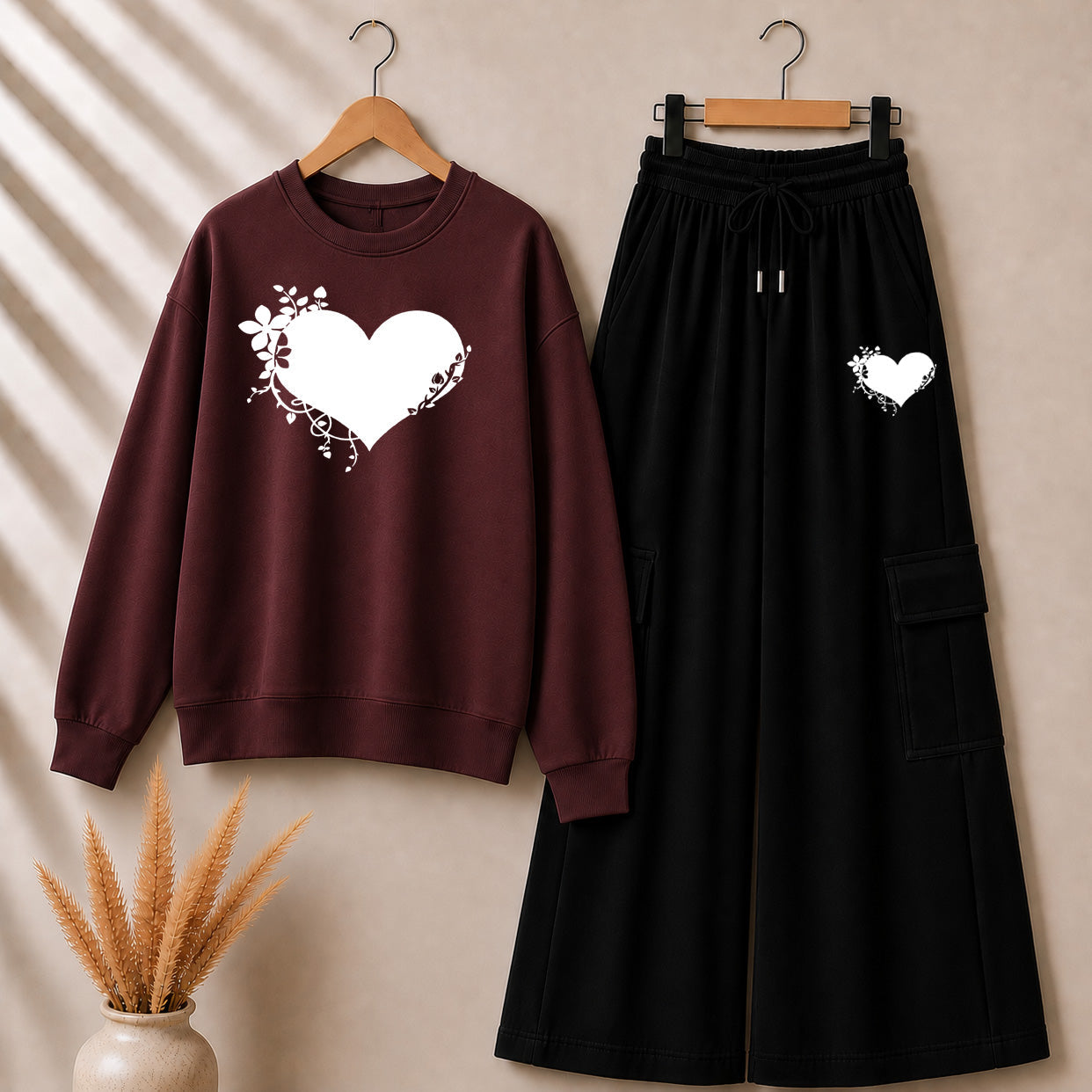 Maroon Heart Printed Sweat Style Tshirt & Cargo Trouser 2-Pcs Summer Tracksuit. D-7 Main image