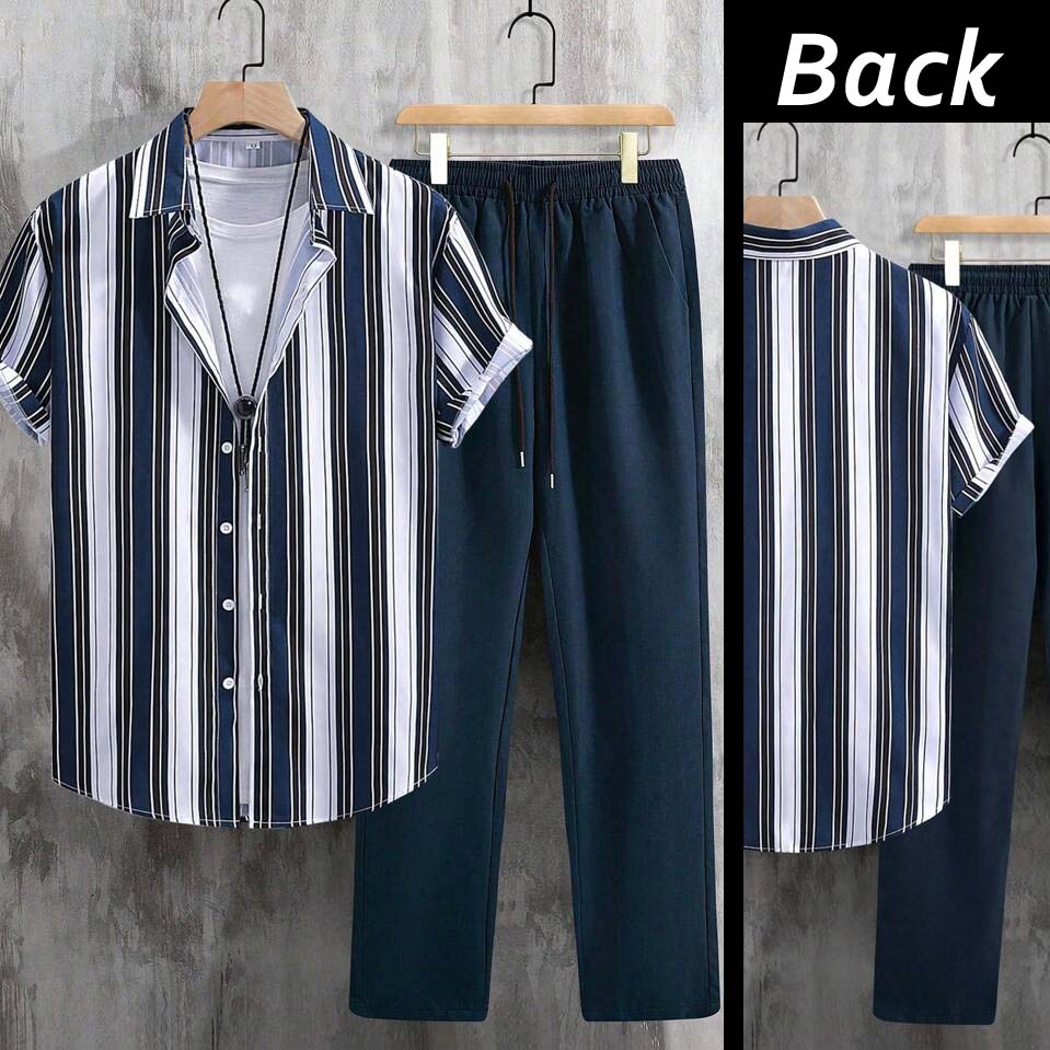Stripe Printed Shirt Style Dry-Fit 2-Pcs Summer Suit. MS3D-52