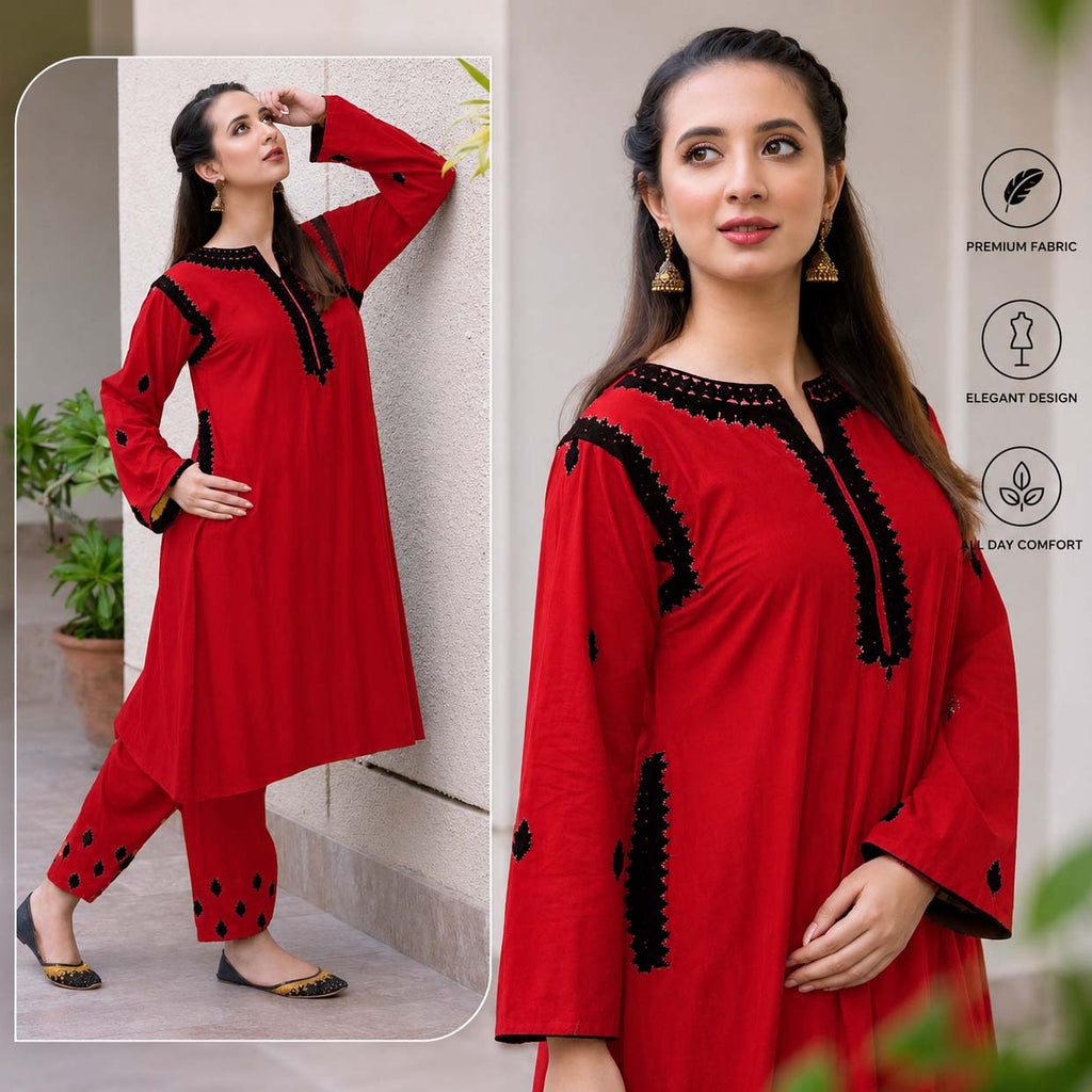 Tomato Pocket Style Thread Embroidery 2-Pcs Stiched Suit. V4