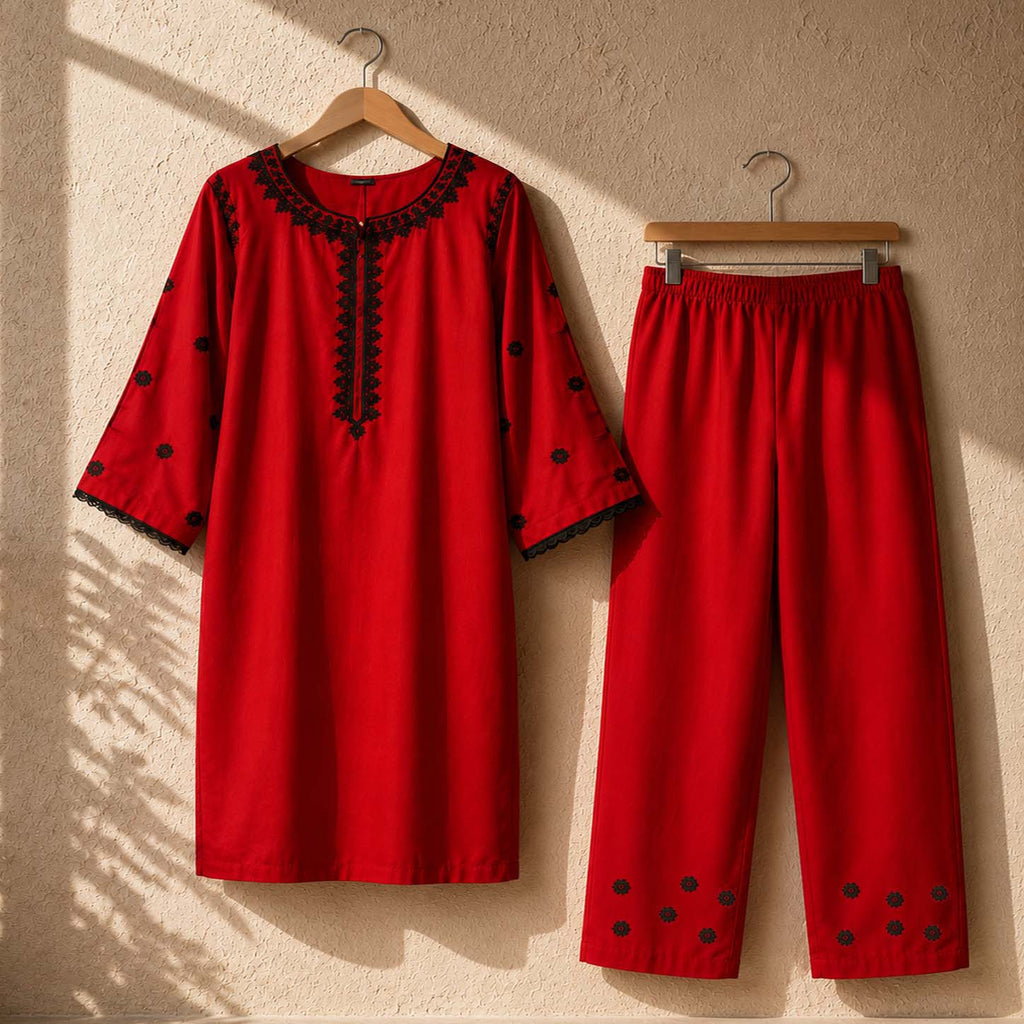 Tomato Pocket Style Thread Embroidery 2-Pcs Stiched Suit. V2