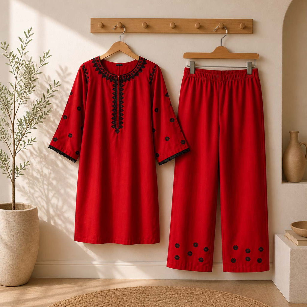 Tomato Pocket Style Thread Embroidery 2-Pcs Stiched Suit. V3