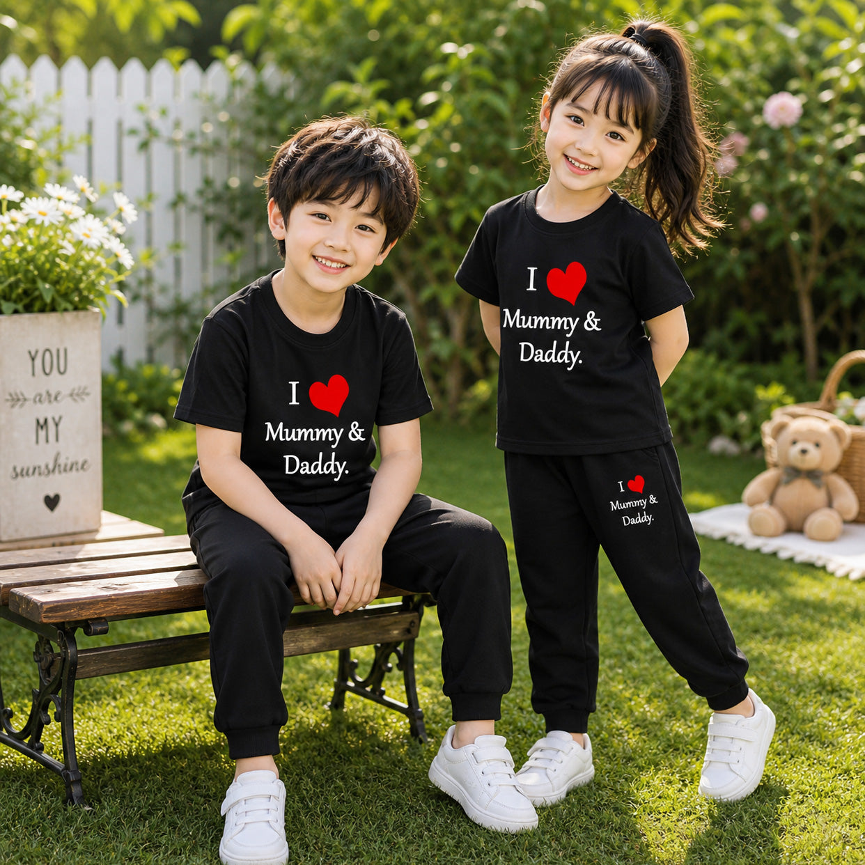 Black I Love D+M Kids Trouser Pintex Style 2-Pcs Summer Suit. (HTS+TR)