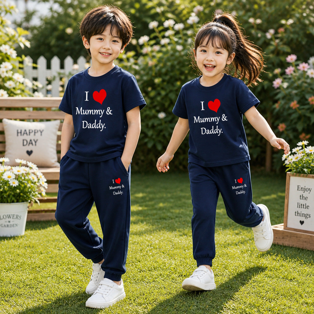 Blue I Love D+M Kids Trouser Pintex Style 2-Pcs Summer Suit. (HTS+TR) Main image