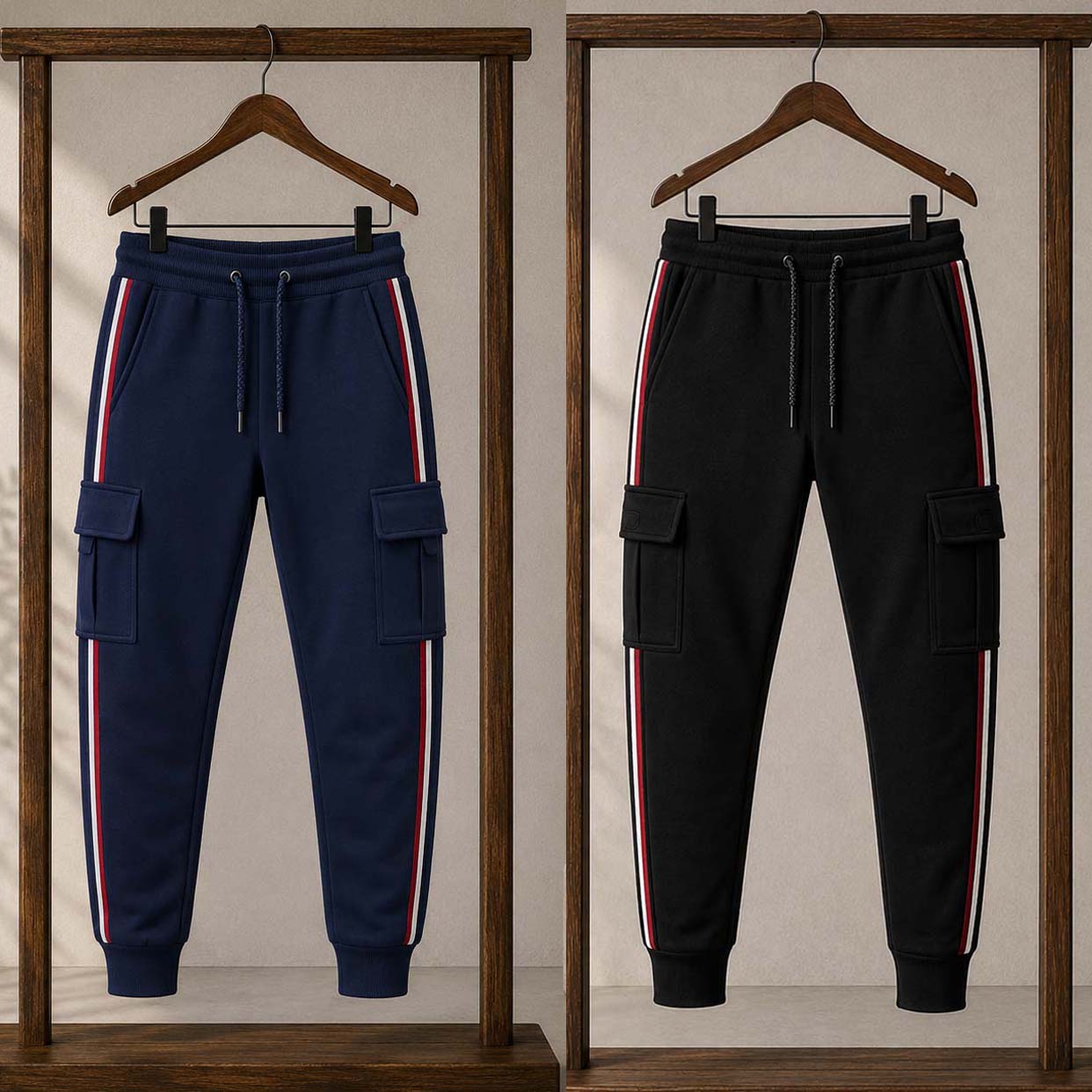 Bundle Of 2 T-Stripe Cargo Style 4-Pocket's Summer Trouser. D2 Black+Blue