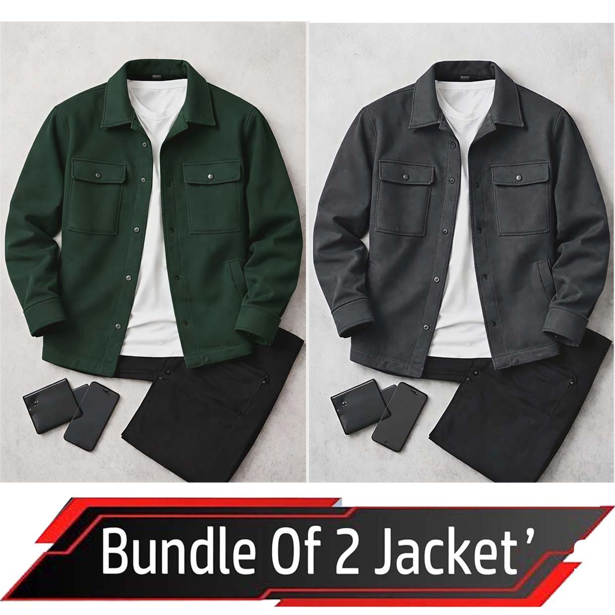 Bundle Of 2 4-Pocket Collar Style Casual Fleece Winter Button Jacket. MWJ-401 V4 Main image