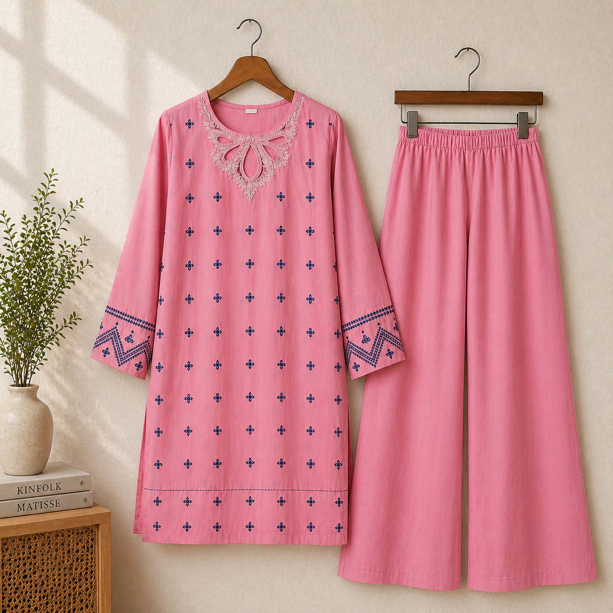 Trendy Neck Peach Contrast Thread Embroidery Style Long 2-Pcs Stiched Suit. V3