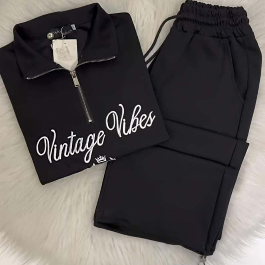 Vintage-Vibes Collar Zip Style 2-Pcs Summer Tracksuit For Her. WSTS-09 Main image