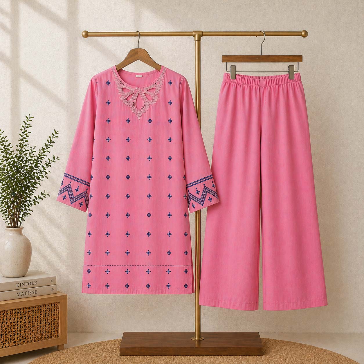 Trendy Neck Peach Contrast Thread Embroidery Style Long 2-Pcs Stiched Suit. V2 Main image