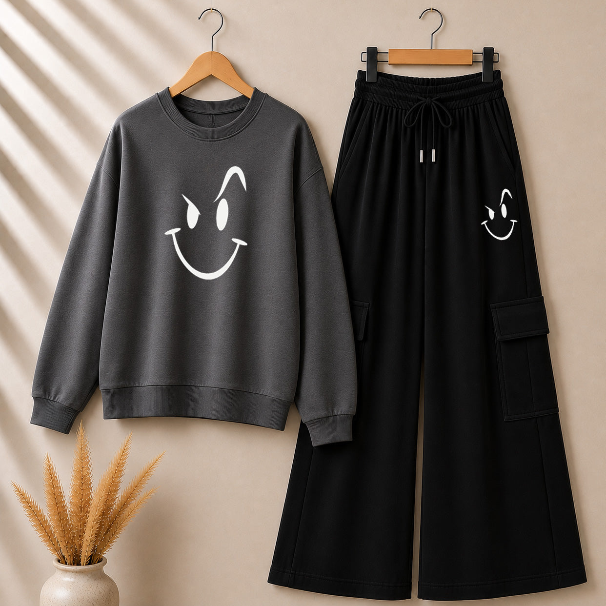 Charcoal-Grey Smiley Printed Sweat Style Tshirt & Cargo Trouser 2-Pcs Summer Tracksuit. D-7 Main image