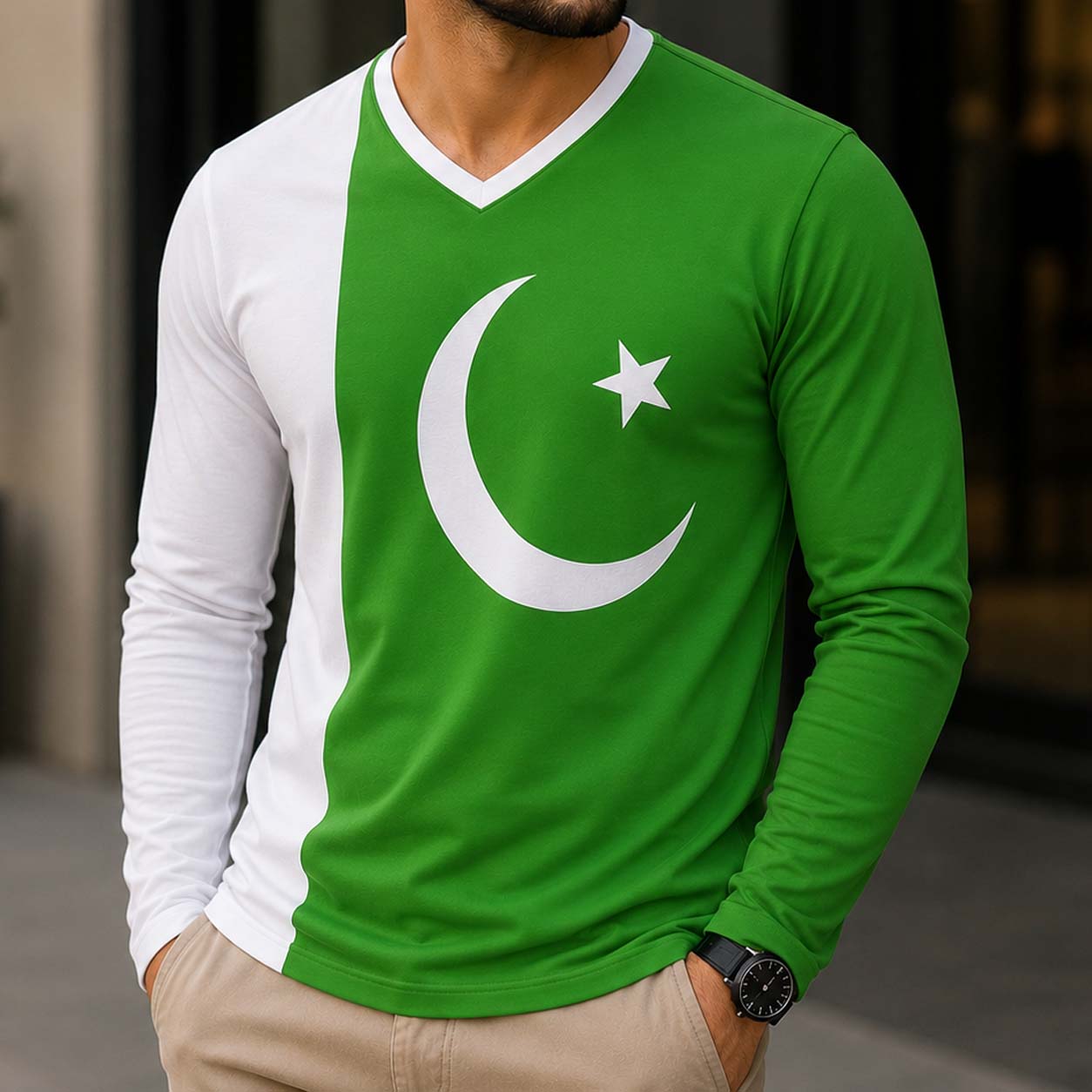Side Panel Flag Style V-Neck Full Sleeve Azadi Tshirt. D-37