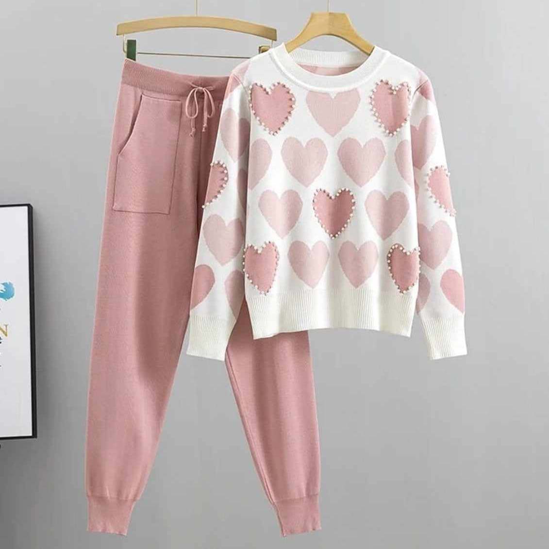 Heart Printed Pearls Work Premium Quality Winter 2-Pcs Tracksuit For Her. WWTS-10 Secondary image