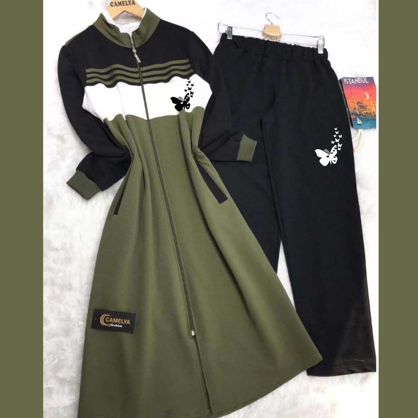 Butterfly Printed Long Front Stripe Style Patch-Work 2-Pcs Winter Zipper Co-Ord Set. WWTS-12 Main image