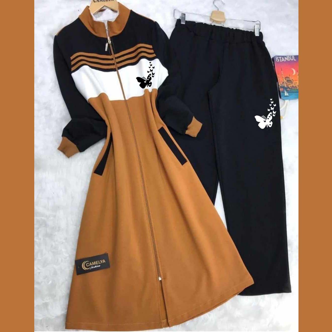 Butterfly Printed Long Front Stripe Style Patch-Work 2-Pcs Winter Zipper Co-Ord Set. WWTS-12