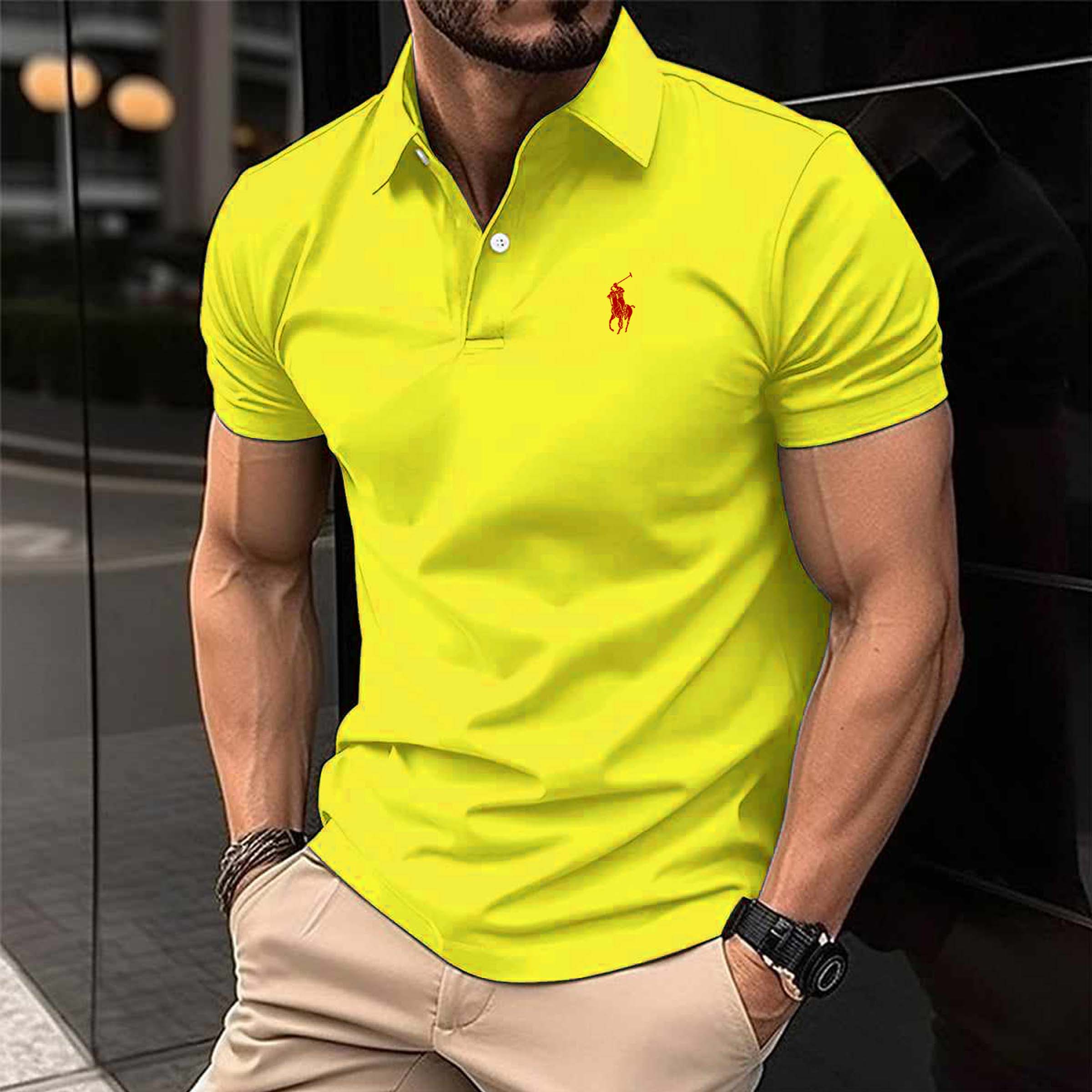 Yellow RL Printed Collar Style Half-Sleeve Polo Summer Tshirt. Main image