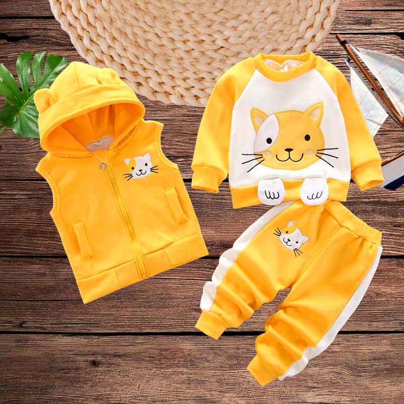 Yellow Kitty Printed 3-Pcs Winter Track-Suit For Kid's. K3PWTS-01 Main image