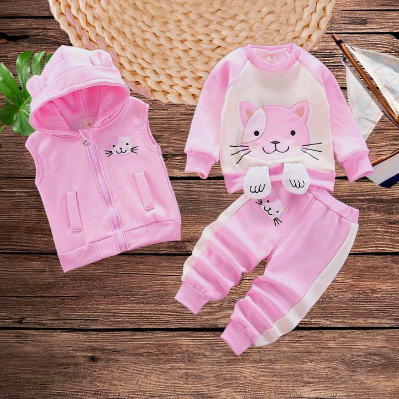 Pink Kitty Printed 3-Pcs Winter Track-Suit For Kid's. K3PWTS-01 Main image